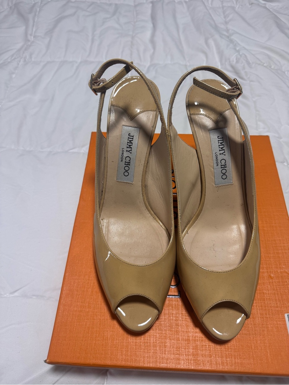 Jimmy Choo Beige Patent Peep-Toe Slingback Heels